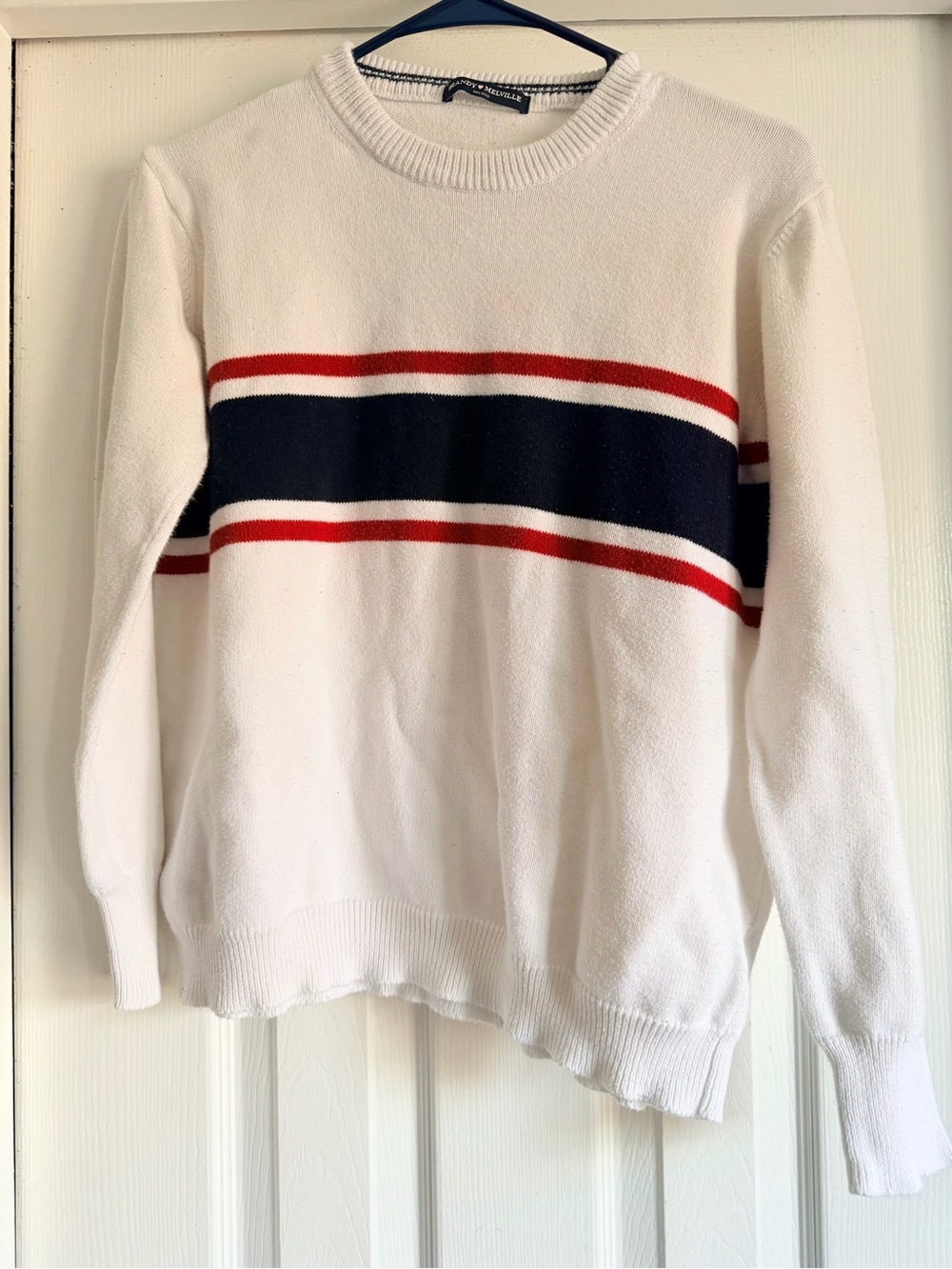 Brandy Melville White Knit Crewneck Navy Red Striped Pullover Sweater OS